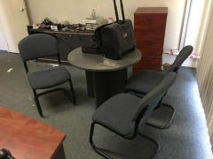 Office Furniture Suite comprising; Desk - 1800 x 1800mm; Filing Cabinet; Credenza/Bookcase; Round Meeting Table; 5 x assorted Chairs - 4