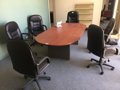 Boardroom Table, 2400 x 1200mm, Dark Cherry Laminate with 6 x Boardroom Arm Chairs Gas Lift on Castors