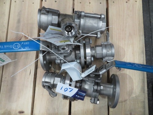 3 x Stainless Steel Ball Valves, various sizes with Camlock Fittings