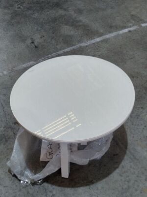 JarFurniture | white wooden coffee table with Glass top | has dents and cracks on the wood | Glass top Is painted white on under side.