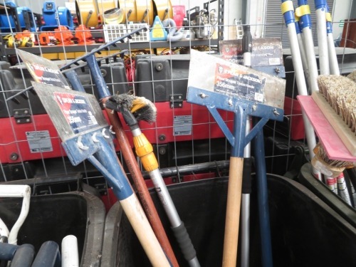 Assortment of Floor Scrapers, Brushes & Sledge Hammers in 240 Ltr Bin