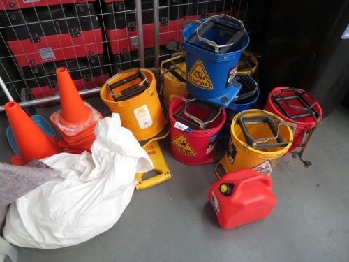 Assortment of Mop Buckets, Witches Hats, Emergency Evacuation A Frames