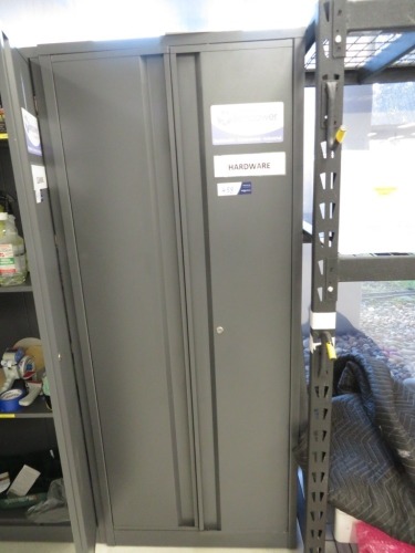 2 Door Metal Storage Cabinet with contents of Hardware & Electrical Equipment