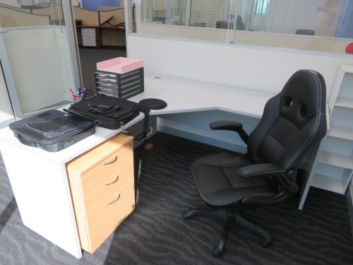 Contents of Office including; 
1 x Grey Laminate Corner Desk, 1800 x 1800 x 730mm H
Timber 3 Drawer Mobile Pedestal
2 x assorted Fabric Upholstered Office Chairs
1 x Black Vinyl Upholstered Office Chair