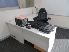 Contents of Office including; 
1 x Grey Laminate Corner Desk, 1800 x 1800 x 730mm H
Timber 3 Drawer Mobile Pedestal
2 x assorted Fabric Upholstered Office Chairs
1 x Black Vinyl Upholstered Office Chair - 4