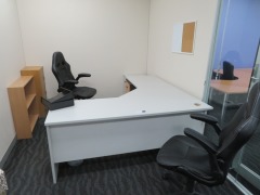 Grey Laminate Office Desk, 1800 x 1800 x 730mm H
2 x 3 Drawer Mobile Pedestal
1 x 3 Door Cupboard, 400 x 300 x 900mm H
1 x Bookcase, 800 x 230 x 800mm H
2 x Black Vinyl Upholstered Office Chairs