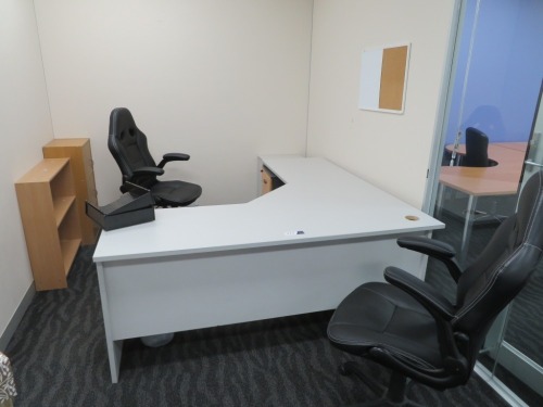 Grey Laminate Office Desk, 1800 x 1800 x 730mm H
2 x 3 Drawer Mobile Pedestal
1 x 3 Door Cupboard, 400 x 300 x 900mm H
1 x Bookcase, 800 x 230 x 800mm H
2 x Black Vinyl Upholstered Office Chairs