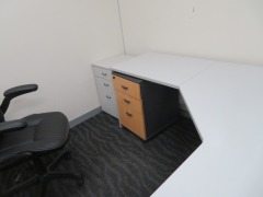 Grey Laminate Office Desk, 1800 x 1800 x 730mm H
2 x 3 Drawer Mobile Pedestal
1 x 3 Door Cupboard, 400 x 300 x 900mm H
1 x Bookcase, 800 x 230 x 800mm H
2 x Black Vinyl Upholstered Office Chairs - 3