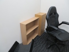 Grey Laminate Office Desk, 1800 x 1800 x 730mm H
2 x 3 Drawer Mobile Pedestal
1 x 3 Door Cupboard, 400 x 300 x 900mm H
1 x Bookcase, 800 x 230 x 800mm H
2 x Black Vinyl Upholstered Office Chairs - 4
