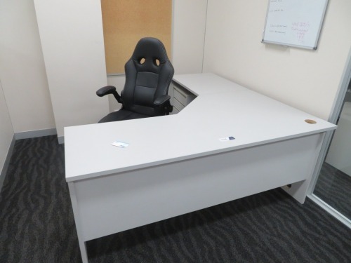 1 x Grey Laminate Corner Office Desk, 1800 x 1800 x 720mm H
1 x 3 Drawer Mobile Pedestal
1 x Black Vinyl Upholstered Office Chair