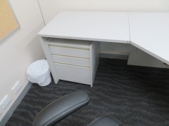 1 x Grey Laminate Corner Office Desk, 1800 x 1800 x 720mm H
1 x 3 Drawer Mobile Pedestal
1 x Black Vinyl Upholstered Office Chair - 3