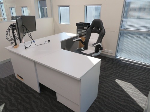 Office Furniture comprising;
1 x Grey Laminate Corner Office Desk, 1800 x 1800 x 720mm H
3 x 3 Drawer Mobile Pedestals
2 x assorted Office Chairs