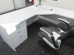 Office Furniture comprising;
1 x Grey Laminate Corner Office Desk, 1800 x 1800 x 720mm H
3 x 3 Drawer Mobile Pedestals
2 x assorted Office Chairs - 5