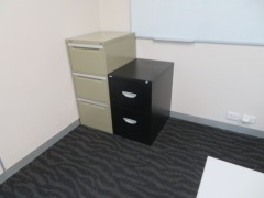 Office Furniture comprising;
1 x Grey Laminate Corner Desk, 1800 x 1800 x 720mm H
1 x 3 Drawer Mobile Pedestal, matches Desk
1 x 3 Drawer Filing Cabinet etc - 2