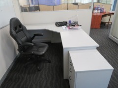 Office Furniture comprising;
1 x Grey Laminate Corner Desk, 1800 x 1800 x 720mm H
1 x 3 Drawer Mobile Pedestal, matches Desk
1 x 3 Drawer Filing Cabinet etc - 3