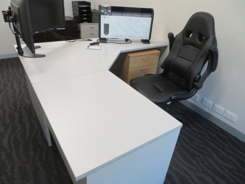 Office Furniture comprising;
1 x Grey Laminate Corner Desk, 1800 x 1800 x 720mm H
2 x 3 Drawer Mobile Pedestals
1 x Small grey Laminate Meeting Table, 900mm Dia x 720mm H
1 x Black Vinyl Upholstered Office Chair etc