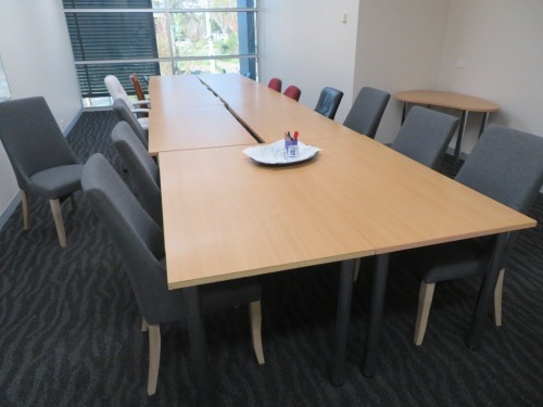 Meeting Room Furniture comprising;
8 x Timber Top Tables, 1500 x 750 x 730mm H
14 x assorted Chairs
1 x Kidney Shape Timber Top Side Table