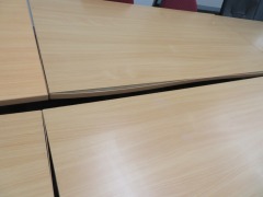 Meeting Room Furniture comprising;
8 x Timber Top Tables, 1500 x 750 x 730mm H
14 x assorted Chairs
1 x Kidney Shape Timber Top Side Table - 6