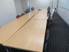 Meeting Room Furniture comprising;
8 x Timber Top Tables, 1500 x 750 x 730mm H
14 x assorted Chairs
1 x Kidney Shape Timber Top Side Table - 7