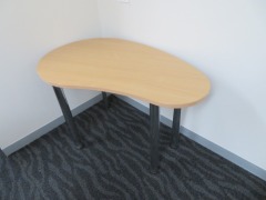 Meeting Room Furniture comprising;
8 x Timber Top Tables, 1500 x 750 x 730mm H
14 x assorted Chairs
1 x Kidney Shape Timber Top Side Table - 8