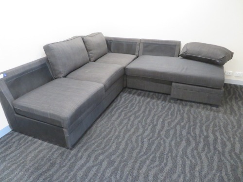 L Shape Couch upholstered in Charcoal Grey Fabric, 2400 x 2300 x 900mm H
(Missing Cushions)