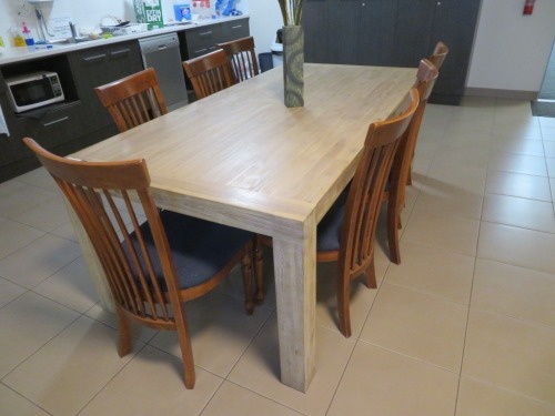 Timber Dining Table, 2100 x 1050 x 730mm H
7 x Timber Framed Dining Chairs with Blue Fabric Upholstered Seat Cushion