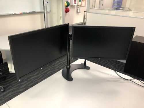2 x Hewlett Packard 24" Computer Monitors on Single Post Stand
