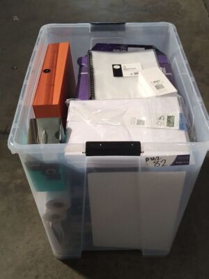 Assorted tub of print, office and tech supplies as seen in photo of box