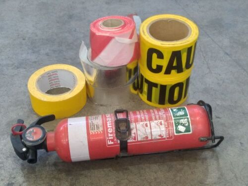 Safety Bundle | ×1 Firemaster 1.0kg BE Power Stored Pressure | ×2 Caution Tape Rolls, ×2 Silver Refection Tape, ×1 Yellow & ×1 Red and White tape roll