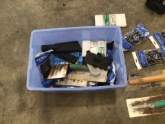 Box of assorted trowels, gloves (new, sealed) utility pads, and others. Items sold as is, some used - 2