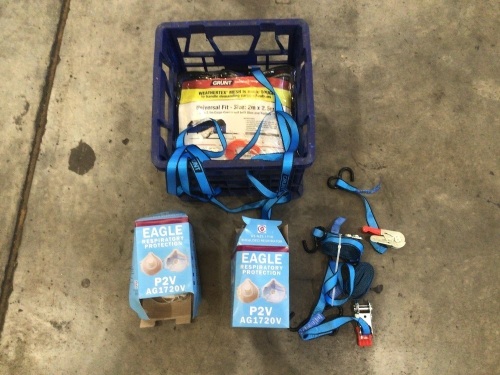 Crate of P2V mask packs (opened), ratchet straps, Weathertex mesh 2m x 2.5m