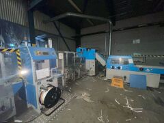 Make an offer - 2007 MULLER MARTINI Prima 6 Station SADDLE STITCHER with stream feeders and Pratico Stacker, blue, no cover feeder. Demag Overhead log crane. - 5