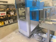 Make an offer - 2007 MULLER MARTINI Prima 6 Station SADDLE STITCHER with stream feeders and Pratico Stacker, blue, no cover feeder. Demag Overhead log crane. - 7