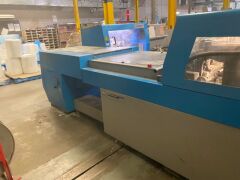 Make an offer - 2007 MULLER MARTINI Prima 6 Station SADDLE STITCHER with stream feeders and Pratico Stacker, blue, no cover feeder. Demag Overhead log crane. - 12