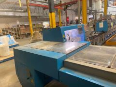 Make an offer - 2007 MULLER MARTINI Prima 6 Station SADDLE STITCHER with stream feeders and Pratico Stacker, blue, no cover feeder. Demag Overhead log crane. - 14
