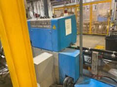 Make an offer - 2007 MULLER MARTINI Prima 6 Station SADDLE STITCHER with stream feeders and Pratico Stacker, blue, no cover feeder. Demag Overhead log crane. - 22