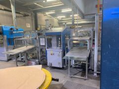 Make an offer - 2007 MULLER MARTINI Prima 6 Station SADDLE STITCHER with stream feeders and Pratico Stacker, blue, no cover feeder. Demag Overhead log crane. - 27