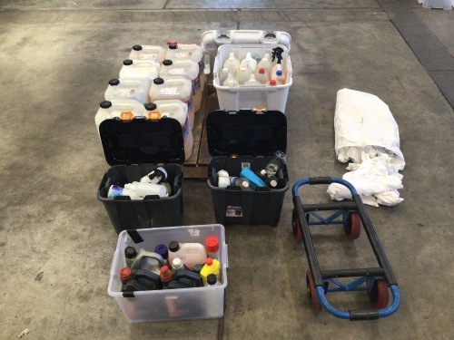 BULK PALLET OF CLEANING CHEMICALS - various sizes from 20L down to 1L, includes Biosan II, Upholstery cleaner, wool prespray, Percide, methylated spirit, hand wash. Chemical containers have been opened and partly used, NO FULL . various spray bottles, bag