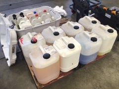 BULK PALLET OF CLEANING CHEMICALS - various sizes from 20L down to 1L, includes Biosan II, Upholstery cleaner, wool prespray, Percide, methylated spirit, hand wash. Chemical containers have been opened and partly used, NO FULL . various spray bottles, bag - 3