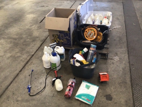 BULK PALLET OF ASSORTED CLEANING SUPPLIES incl box of Asbestos bags 700mm x 1100mm, power adapters, pressure sprayers, chemicals including wool prespray glass cleaner, mould exterminator, all open and partly used, hand tools, storage tub