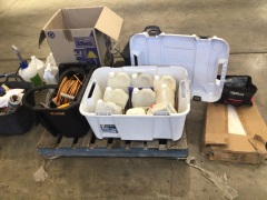 BULK PALLET OF ASSORTED CLEANING SUPPLIES incl box of Asbestos bags 700mm x 1100mm, power adapters, pressure sprayers, chemicals including wool prespray glass cleaner, mould exterminator, all open and partly used, hand tools, storage tub - 2