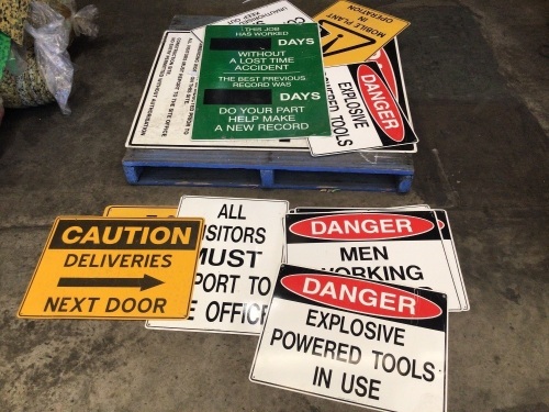 BULK PALLET OF ASSORTED SAFETY SIGNS aluminium - refer to photo for examples