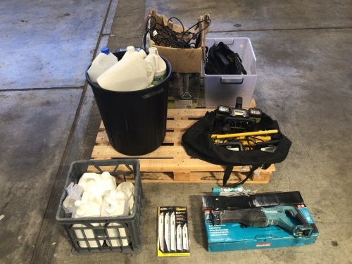 BULK PALLET OF CLEANING SUPPLIES AND EQUIPMENT including Makita cordless reciprocating saw no blades, Taller and Arlec LED assemblies, assorted chemicals open and partly used, hand tools, tubs, and bin