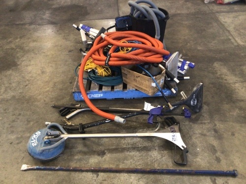 BULK PALLET OF MIXED STEAM VACUUM AND PRESSURE CLEANING PARTS including various head attachments and tubing