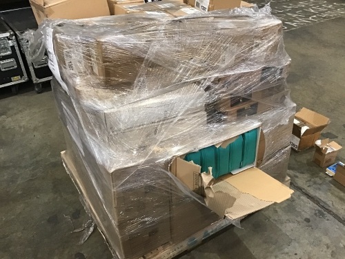FULL PALLET OF ASSORTED ITEMS, RANGING FROM LUNCH PACK FOR KIDS, MEETING TABLES, EARPHONES AND SO ON