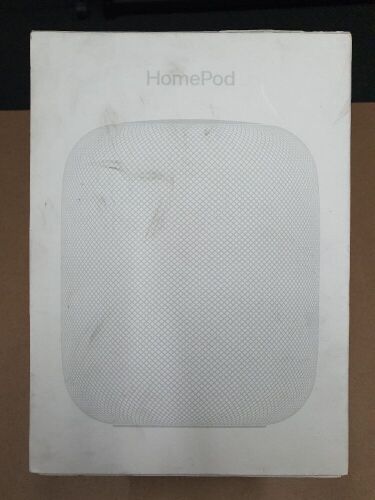 HomePod | Apple in White | some listed features: Siri, Six Microphone array, WiFi, Bluetooth and Supports HomeKit accessory Control.