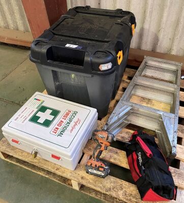 AEG Cordless Driver, Supatool tool bag, Storage tub, First Aid Kit and step ladder