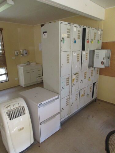 Group lot comprising; 1 x Staff lockers, metal; Keyed 1 x Filing cabinet; 2 drawer 1 x Dimplex Air conditioner, Table & Chairs