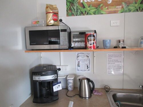 Kitchen Items including; Delonghi Coffee maker, Samsung Microwave, Toaster, Kettle etc