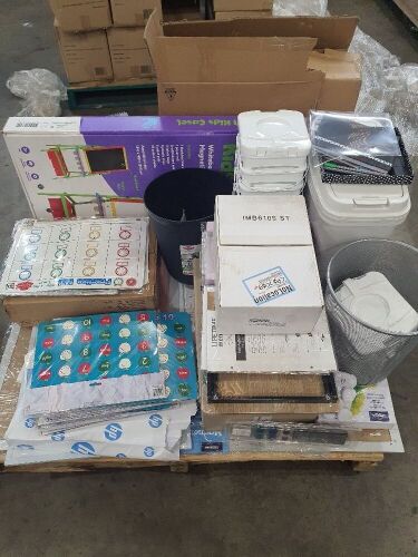 BULK PALLET of School supplies | Books, someTime, counting and hand writing Sheets, Bins and Pens and White boards and one Otto Chair.